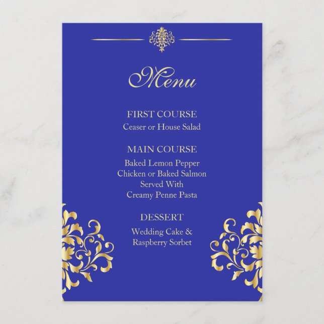 Elegant Gold and Blue Damask Wedding Menu (Front)