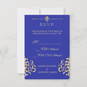 Elegant Gold and Blue Damask Wedding R.S.V.P. RSVP Card