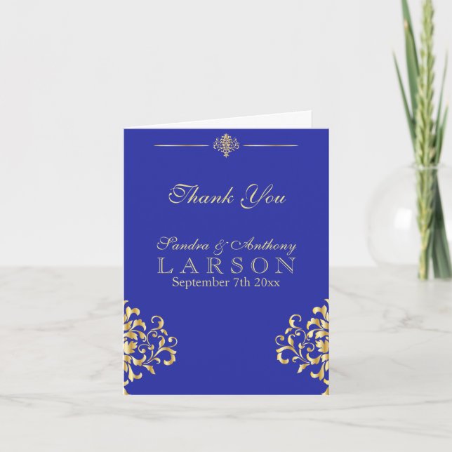 Elegant Gold and Blue Damask Wedding Thank You Card (Front)