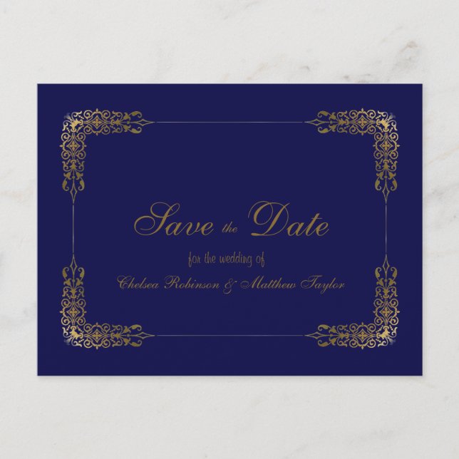 Elegant Gold and Blue Lace Save the Date Postcard (Front)