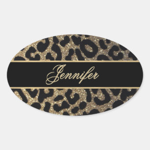 Elegant Gold and Blue Leopard Print Oval Sticker