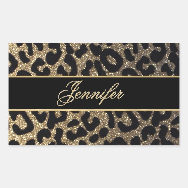 Elegant Gold and Blue Leopard Print Rectangular Sticker (Front)