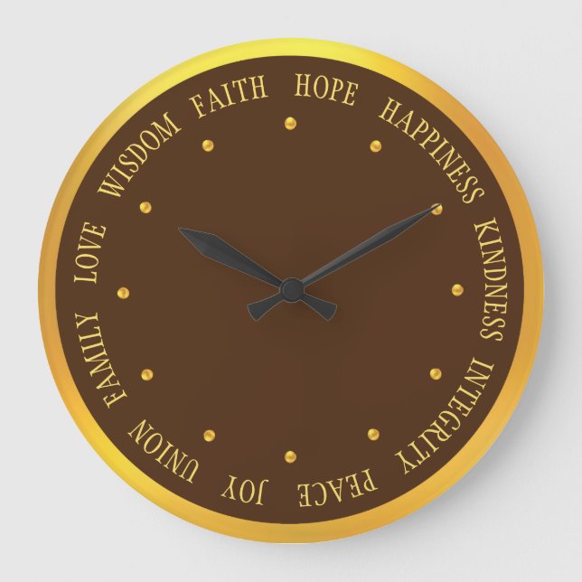 Elegant Gold and Brown Good Vibes Large Clock (Front)