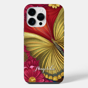 Elegant Gold and Burgundy Butterfly Custom Name iPhone 14 Pro Max Case