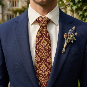 Elegant Gold and Burgundy Damask Pattern Tie