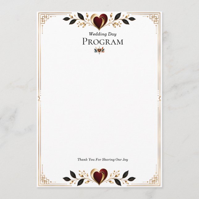 Elegant Gold and Burgundy Heart Wedding Program Programme (Front)