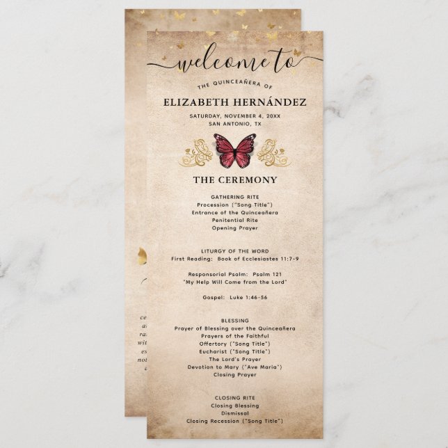 Elegant Gold and Burgundy Quince Butterfly Program Programme (Front/Back)
