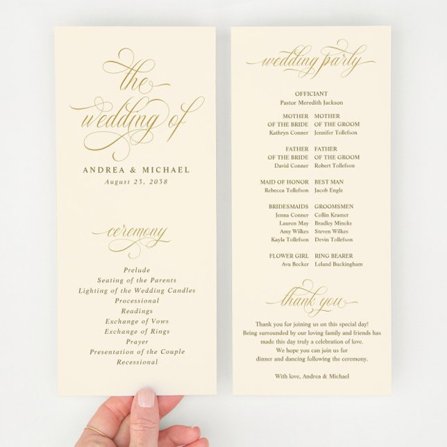 Elegant Gold and Cream Calligraphy Wedding Programme (Elegant Cream and Gold Calligraphy Wedding Programs - Fancy, Ornate and Glam Script)