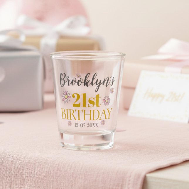 Elegant Gold and Daisies 21st Birthday Party Shot Glass (Personalized 21st birthday shot glass. 🌼)