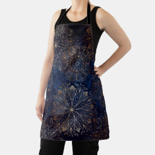 Elegant Gold and Dark Blue Floral Mandala Pattern Apron