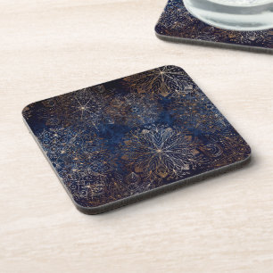Elegant Gold and Dark Blue Floral Mandala Pattern Coaster