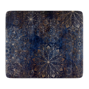 Elegant Gold and Dark Blue Floral Mandala Pattern Cutting Board