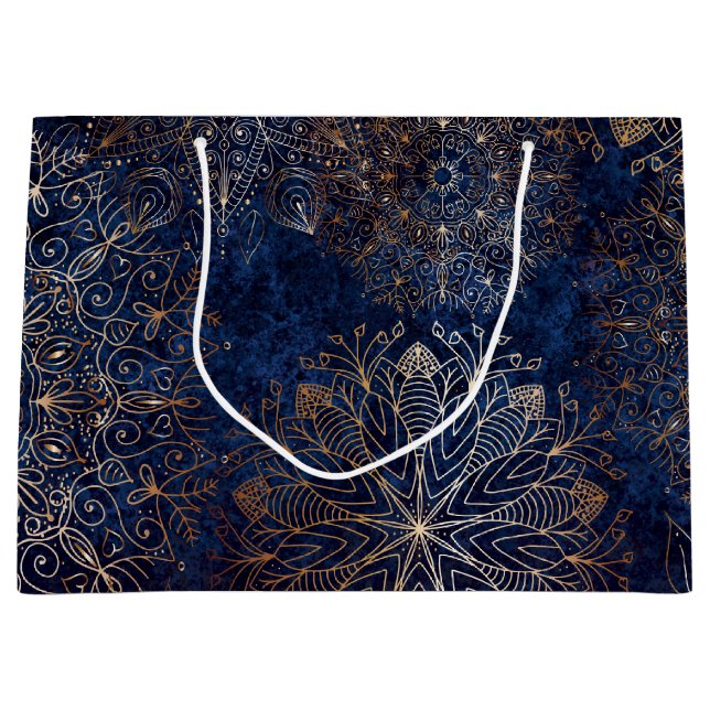 Elegant Gold and Dark Blue Floral Mandala Pattern Large Gift Bag (Front)