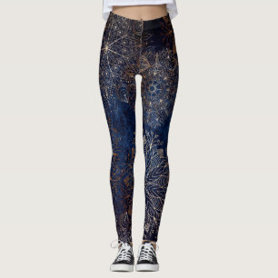 Elegant Gold and Dark Blue Floral Mandala Pattern Leggings
