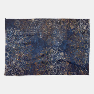 Elegant Gold and Dark Blue Floral Mandala Pattern Tea Towel