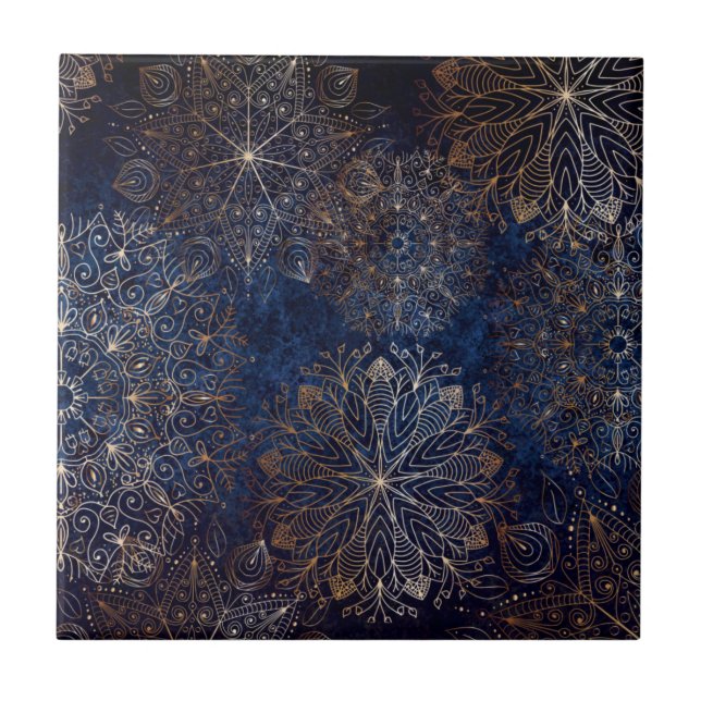 Elegant Gold and Dark Blue Floral Mandala Pattern Tile (Front)