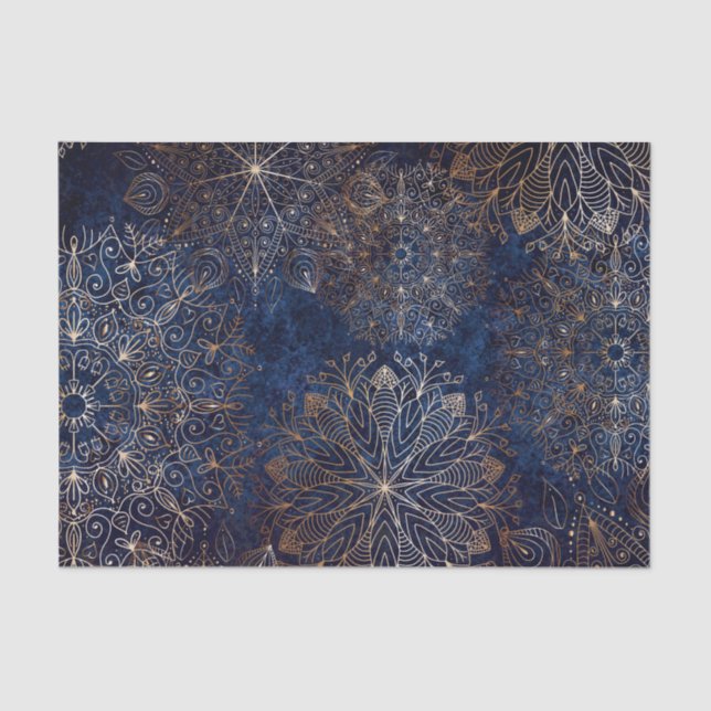 Elegant Gold and Dark Blue Floral Mandala Pattern Tissue Paper (Front)