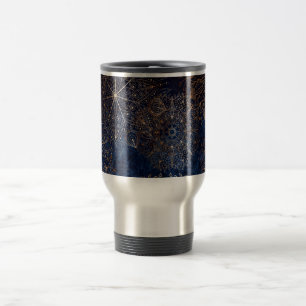 Elegant Gold and Dark Blue Floral Mandala Pattern Travel Mug