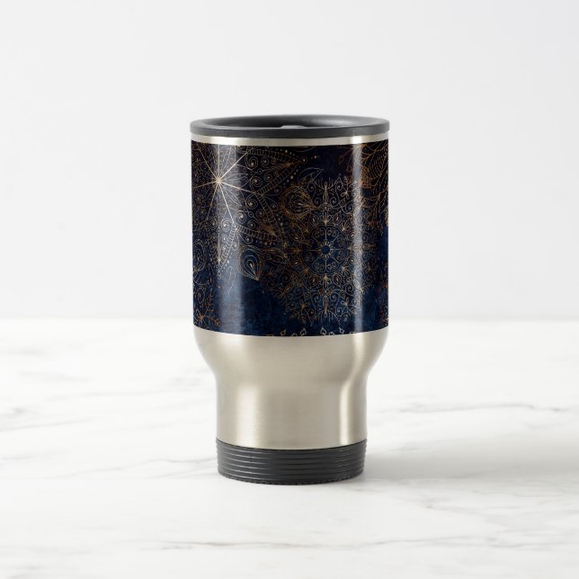 Elegant Gold and Dark Blue Floral Mandala Pattern Travel Mug (Center)