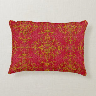 Elegant Gold and Deep Pink Floral Damask Pattern Decorative Cushion