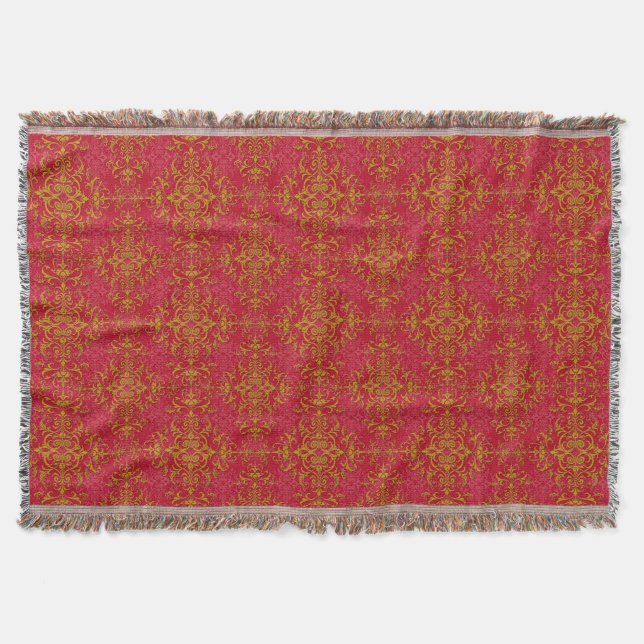 Elegant Gold and Deep Pink Floral Damask Pattern Throw Blanket (Front)