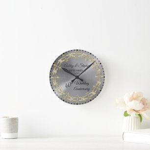 Elegant Gold And Diamonds 40th Wedding Anniversary Round Clock