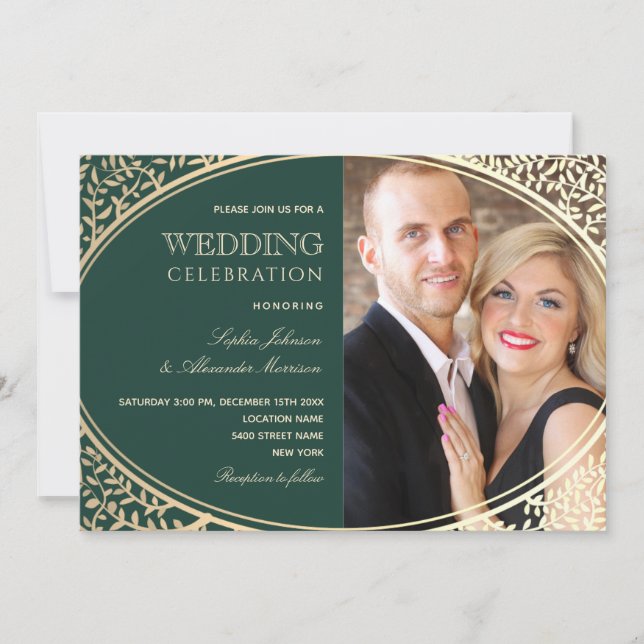Elegant Gold and Emerald Green Wedding Invitation (Front)