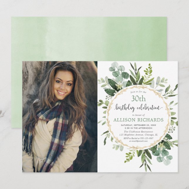 Elegant gold and eucalyptus adult birthday photo invitation (Front/Back)