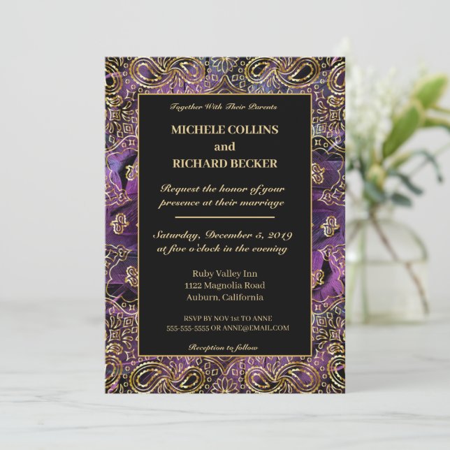 Elegant Gold and Feathers Invitation (Standing Front)