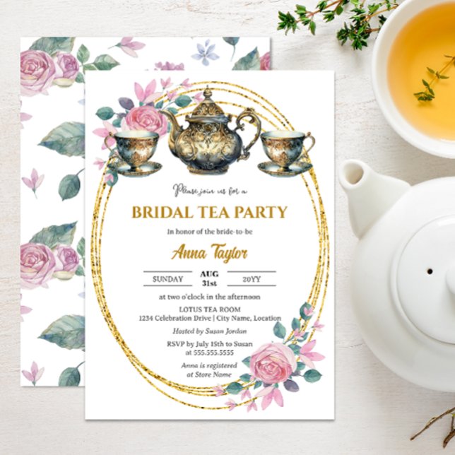 Elegant Gold and Floral Bridal Tea Party Invitation (Elegant gold and floral tea party invitation front view.)