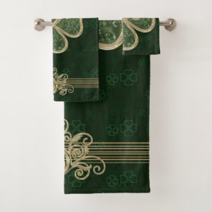 Elegant Gold and Green Clover Brooch Bath Towel Set