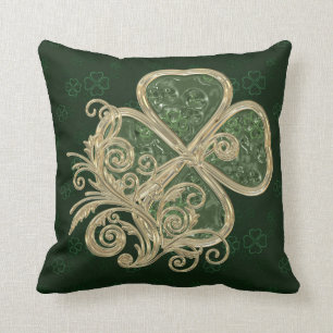 Elegant Gold and Green Clover Brooch Cushion