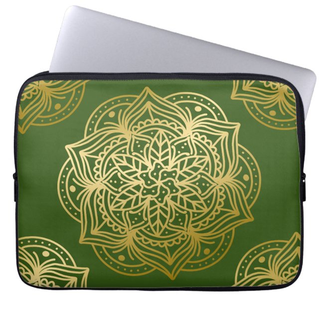 Elegant Gold and Green Mandala Pattern Laptop Sleeve (Front)
