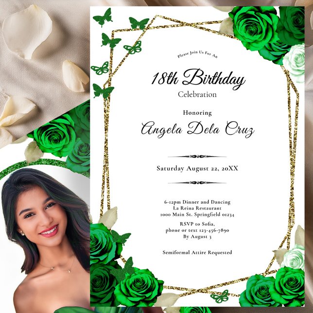 Elegant Gold and Green Rose 18th Birthday Debut  Invitation (Creator Uploaded)