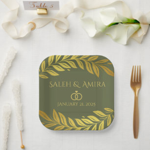 Elegant Gold and Green Wedding Paper Plate