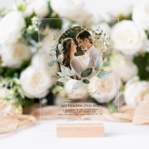 Elegant Gold and Greenery Eucalyptus Photo Wedding Acrylic Invitations