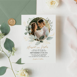 Elegant Gold and Greenery Eucalyptus Photo Wedding Invitation