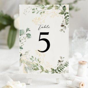 Elegant Gold and Greenery Eucalyptus Wedding Table Number