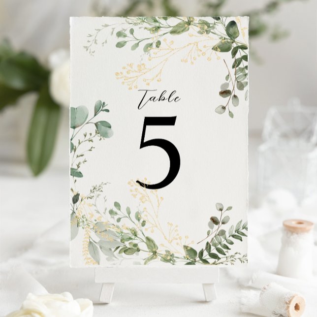 Elegant Gold and Greenery Eucalyptus Wedding Table Number (Creator Uploaded)