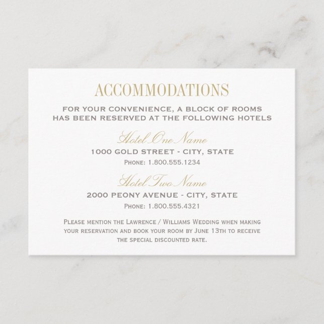 Elegant Gold and Grey Wedding Accommodations Enclosure Card (Front)
