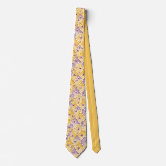 Elegant Gold and Lavender Geometric Floral Pattern Tie (Front)