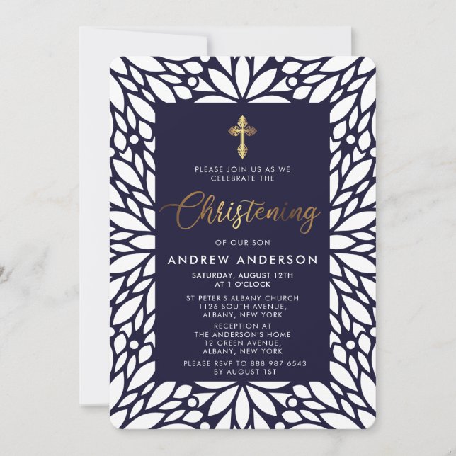 Elegant Gold And Navy Blue Boy Christening Invitation (Front)