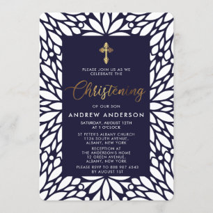 Elegant Gold And Navy Blue Boy Christening Invitation