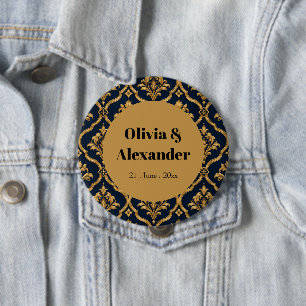 Elegant Gold and Navy Damask Vintage Motif Design 10 Cm Round Badge
