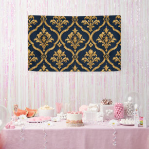 Elegant Gold and Navy Damask Vintage Motif Design Banner