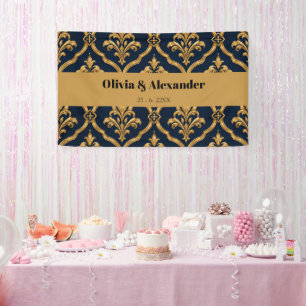 Elegant Gold and Navy Damask Vintage Motif Design Banner