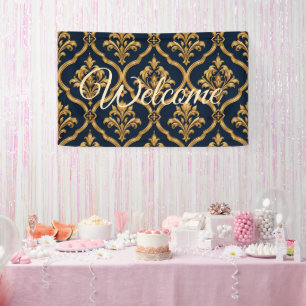 Elegant Gold and Navy Damask Vintage Motif Design Banner