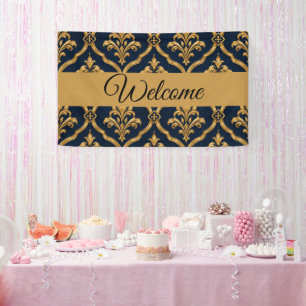 Elegant Gold and Navy Damask Vintage Motif Design Banner