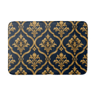 Elegant Gold and Navy Damask Vintage Motif Design Bath Mat