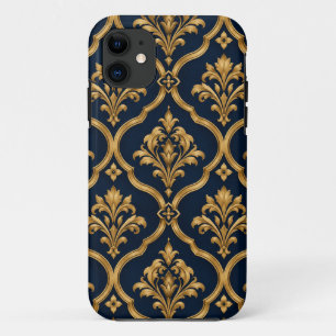 Elegant Gold and Navy Damask Vintage Motif Design Case-Mate iPhone Case